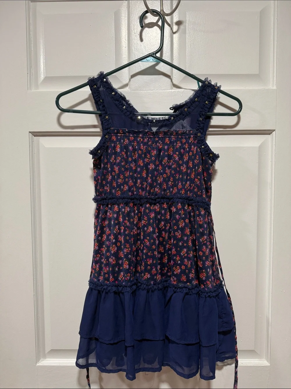 Justice Navy Floral Tiered Sundress with Red Flower Print